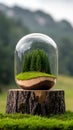 A glass dome with a small island inside of it on a tree stump Royalty Free Stock Photo