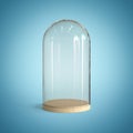 Glass dome on the wooden tray, Glass bell on blue background 3d rendering