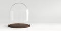 Glass dome with wooden tray on white background Royalty Free Stock Photo