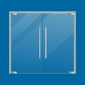 Glass doors realistic. Store double closed door with metallic knob isolated on blue background. Office or boutique front