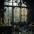 Glass doors and windows that have long been broken and dirty houses without residents