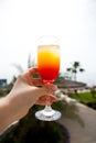 glass with a drink on the background of the hotel Royalty Free Stock Photo