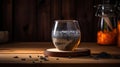 Glass with drink and chia seeds on wooden background, generative ai