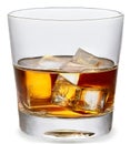 Whiskey in glass with ice - close-up view on transparent background.