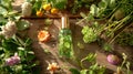 Glass dropper bottle with essential oil, surrounded by variety of fresh homeopathic herbs on rustic wooden table. Herbal
