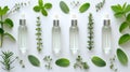 Glass dropper bottles surrounded by fresh aromatic herbs, epitomizing pure herbal skincare