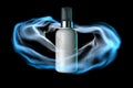 Glass Dropper Or Dispenser In Light Blue Steam of Transparent Fur on Black Background. 3d Rendering