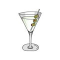 Glass of Dry Martini alcohol cocktail and olives. white background. Hand drawing. Vector illustration. cartoon style Royalty Free Stock Photo