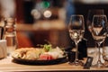 glass of dry White wine ripe grapes and bread on table in vineyard Royalty Free Stock Photo