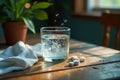 A glass of effervescent water with dissolving tablets on a rustic wooden surface, bathed in sunlight beside a potted plant. Royalty Free Stock Photo