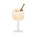 Glass of eggnog isolated on white background. Beverage eggnog in glass cup with cinnamon straw and anise star.