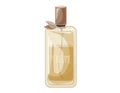 Glass elegant bottle of fragrant perfume. Vector isolated cartoon yellow eau de parfum.