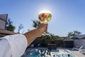 glass elevation towards the sun with white sangria with fruit in the shape of tchin tchin