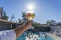 glass elevation towards the sun with white sangria with fruit in the shape of tchin tchin