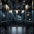 a glass elevator with a view of the galaxy and stars