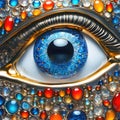 A glass eye decorated with fantastic mosaics made of precious multicolored stones, abstract art background