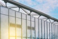 Glass facade with sky reflections and sun reflections. Business center in the city. Modern office building with glass Royalty Free Stock Photo