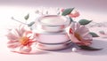 Glass face cream jar with soft pink flowers and leaves background