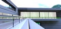 Glass fence with steel railings on the corner balcony of the contemporary cottage finished with metal plates. 3d rendering