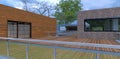 Glass fence of a wooden terrace of a recently commissioned country house. Exits to the outside from different rooms. Panoramic