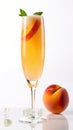 A glass filled with a drink next to a peach. AI generative image. Peach Bellini Mocktail. Royalty Free Stock Photo