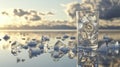 A glass filled with ice cubes, surrounded by scattered ice on a reflective surface Royalty Free Stock Photo