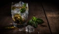 a glass filled with ice and mint on top of a wooden table with ice cubes and a green leaf on top of the glass. generative ai