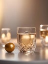 a glass filled with liquid next to a golden egg, whiskey glass with ice cubes. Royalty Free Stock Photo