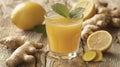 A glass filled with orange juice sits alongside fresh lemons and ginger on a table Royalty Free Stock Photo