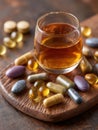 Vitamin Drink and Immune Support Supplements Arranged on a Wooden Surface for Health and Wellness Boost During Morning Royalty Free Stock Photo