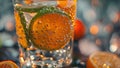 Glass filled with water and fresh orange slices on a table. Glass of Water With Orange Slices