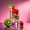 A glass of fizzy strawberry kiwi soda with a strawberry and kiwi slice1