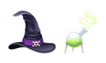 Glass flask with boiling potion and witch hat. Witchcraft objects set cartoon vector illustration Royalty Free Stock Photo