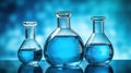 glass flask in chemical science education laboratory with molecular structure in blue background. Generative Ai Royalty Free Stock Photo