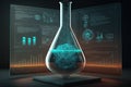 A glass flask on a table with holograms of data on a blue background representing science and technology. Ai generative