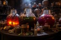 Glass flask with witchcraft poisons and tincture on kitchen table. Generative AI