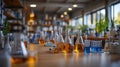 Glass flasks in a chemical laboratory. Various laboratory glassware with colored liquid Royalty Free Stock Photo