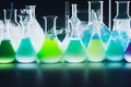 Glass flasks on the chemistry laboratory desk Royalty Free Stock Photo