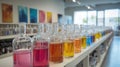 Glass flasks with colored liquid in a chemical laboratory. Various laboratory utensils with colored liquid Royalty Free Stock Photo