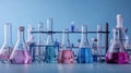 Glass flasks with colored liquid in a chemical laboratory. Various laboratory utensils with colored liquid Royalty Free Stock Photo