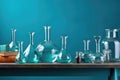 Glass flasks and test tubes with water on a blue background. Chemical laboratory. Generative AI Royalty Free Stock Photo