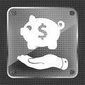 Glass flat hand showing black piggy bank icon on a metallic back