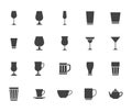 Glass flat illustration including icons as drink glassware type - beer mug, whiskey shot, wineglass, teapot minimal