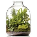 Glass florarium with green plants in a glass bottle isolated on white background