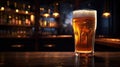 Glass Of Foamy Beer On Bar Or Pub Counter. Bottles Of Alcohol At The Blurry Background. AI Generated