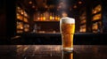 Glass Of Foamy Beer On Bar Or Pub Counter. Bottles Of Alcohol On The Blurry Background. AI Generated