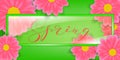 Glass frame, vector illustration with lettering Spring word. In background Flowers daisy or gerber.