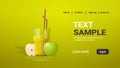 Glass of fresh apple juice with straw and cut in half fruit copy space horizontal Royalty Free Stock Photo