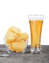 Glass of Fresh Beer and bowl of with Pile potato chips Royalty Free Stock Photo