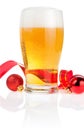 Glass fresh beer, Red ribbon and Christmas Balls